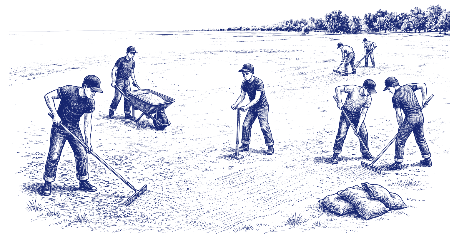 Players clearing rocks from the field by hand